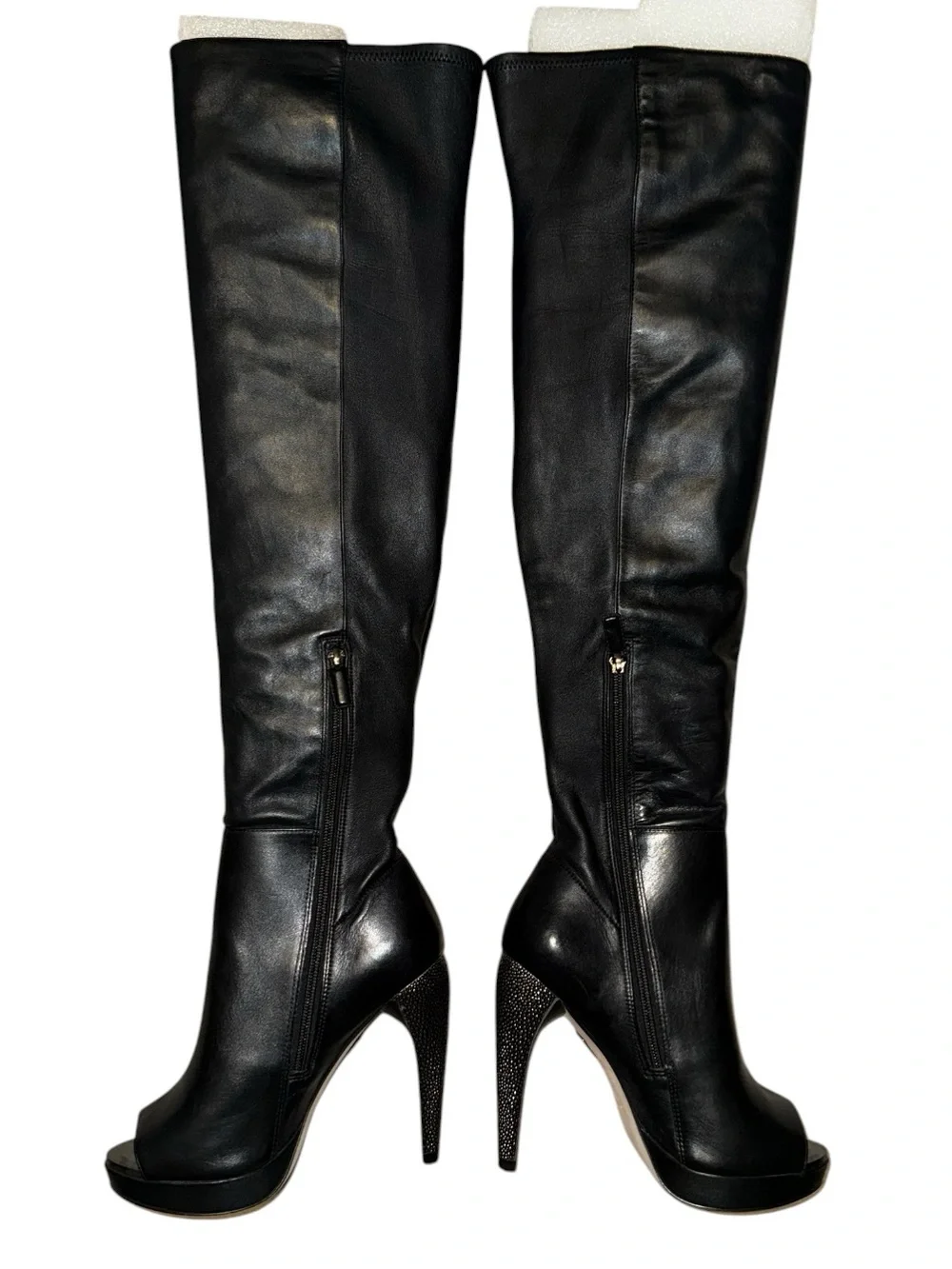 Herve Leger Nora metallic-studded heel Black Leather Over-the-Knee PeepToe Boots